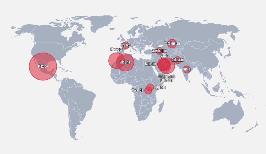 world map where countries with potential spyware targets are highlighted